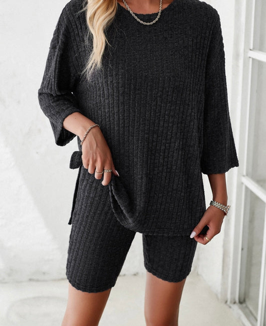 Rib knit casual short set