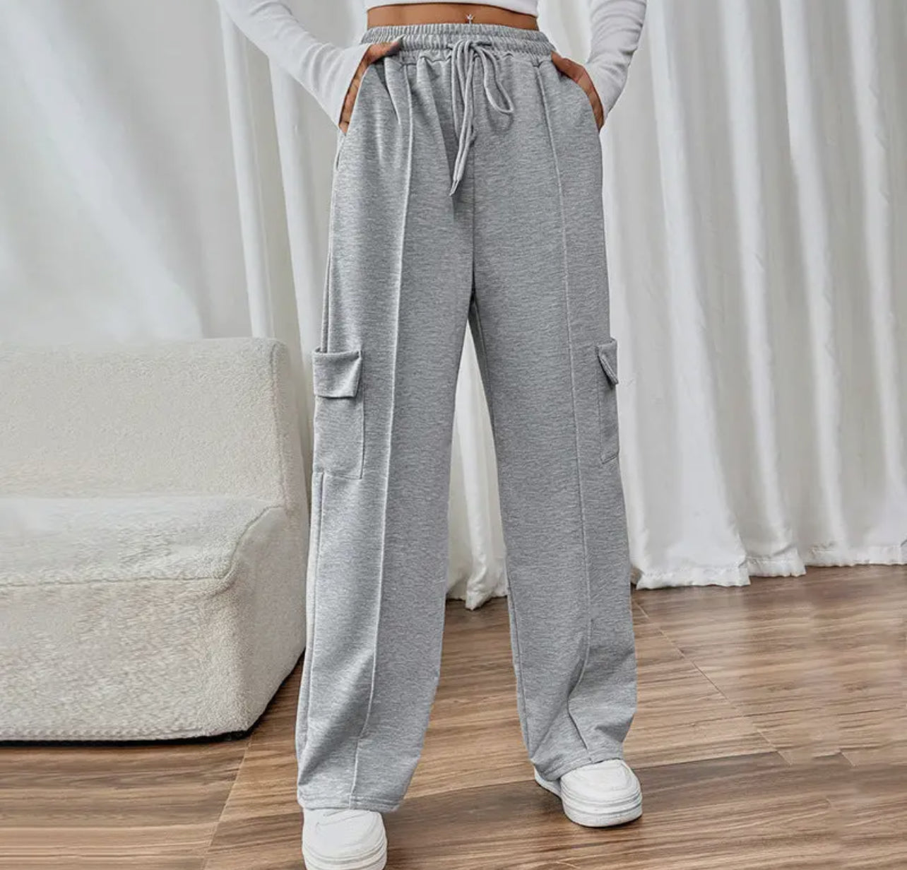 Women’s casual elastic high waist splicing pocket straight pants