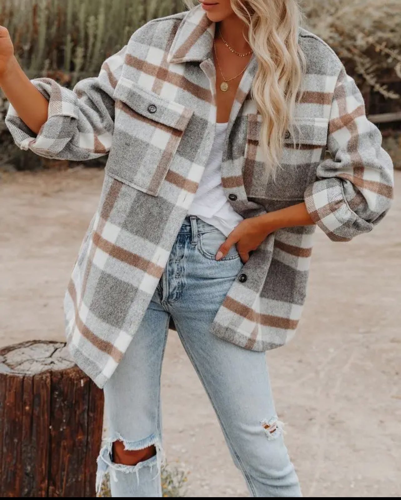 Plaid button flannel shacket